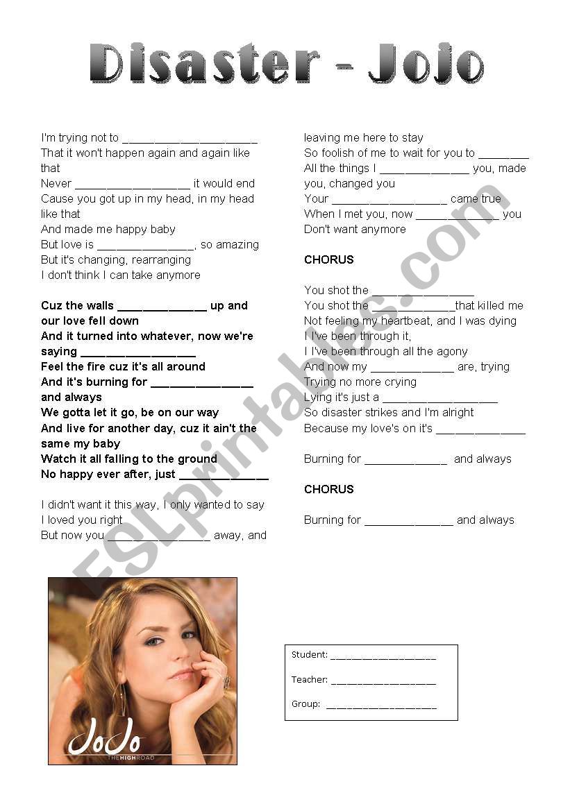 Song - Disaster - Jojo worksheet