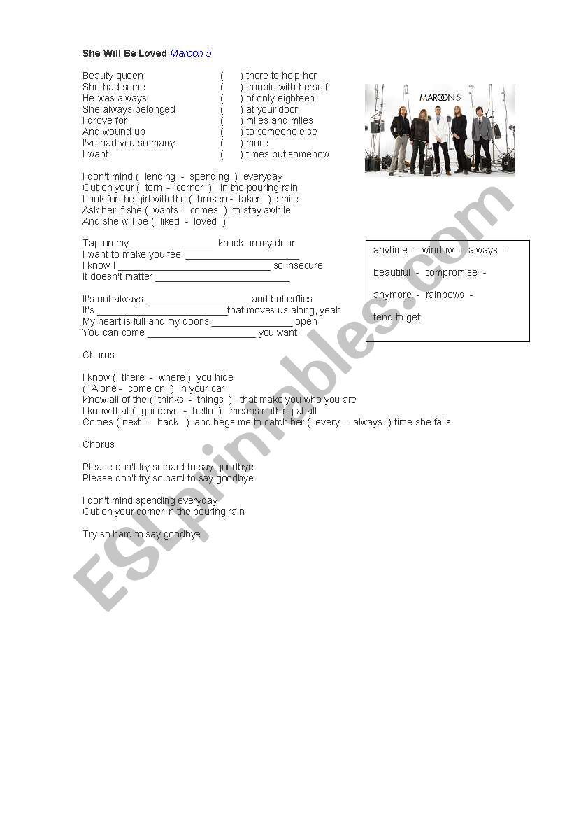 She will be loved - Maroon 5 worksheet