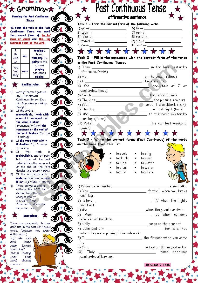 Past Continuous Tense-affirmative sentences *** with grammar & key & B&W