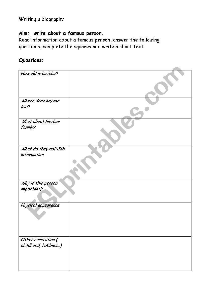 writing biography worksheet