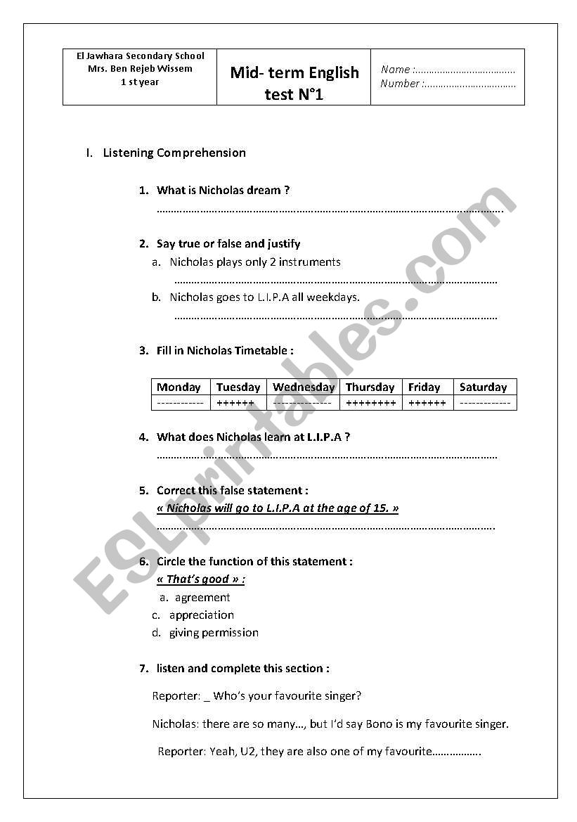 test N1, 1 st year Tunisian Programme 