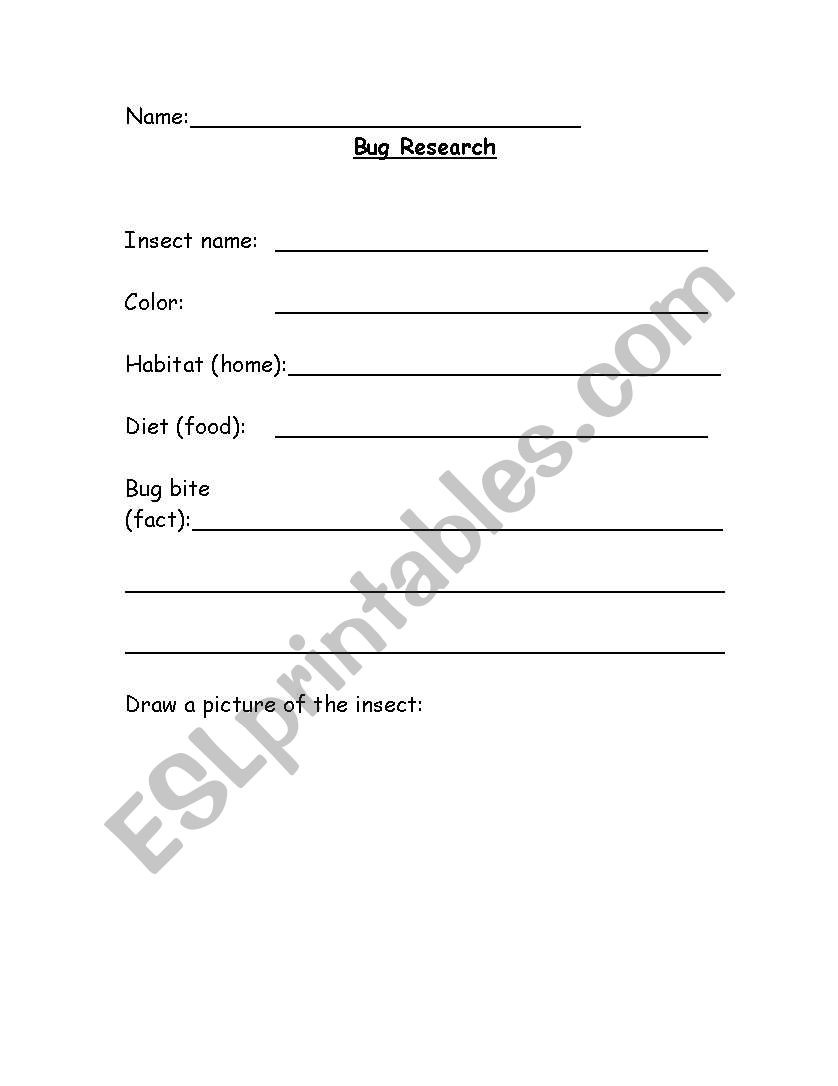 Insect Reseach Form worksheet