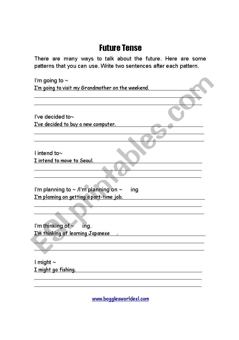 Future tense sentences worksheet