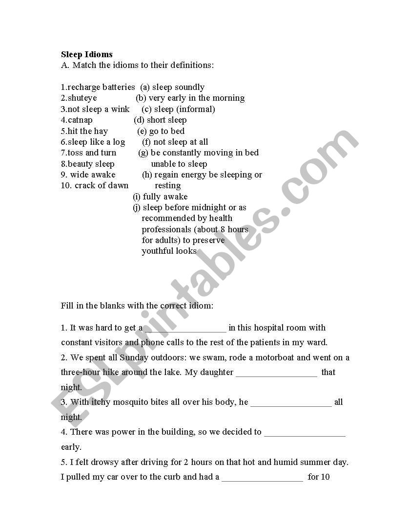 SLEEP IDIOMS worksheet