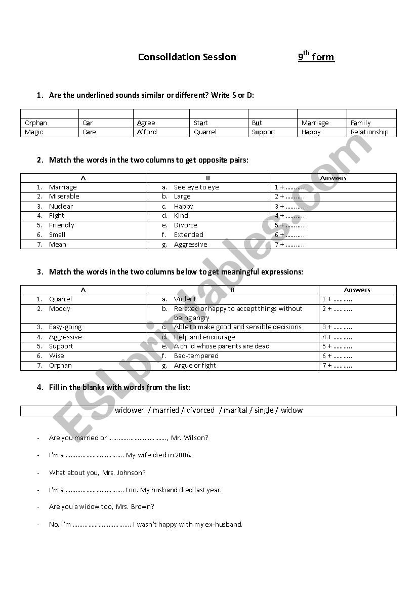 Family relationships (9th form worksheet)