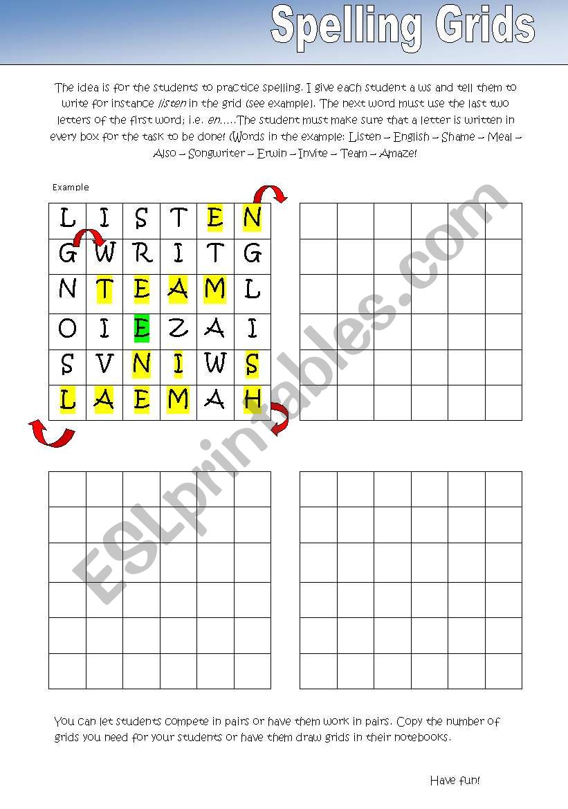 Spelling Grids worksheet
