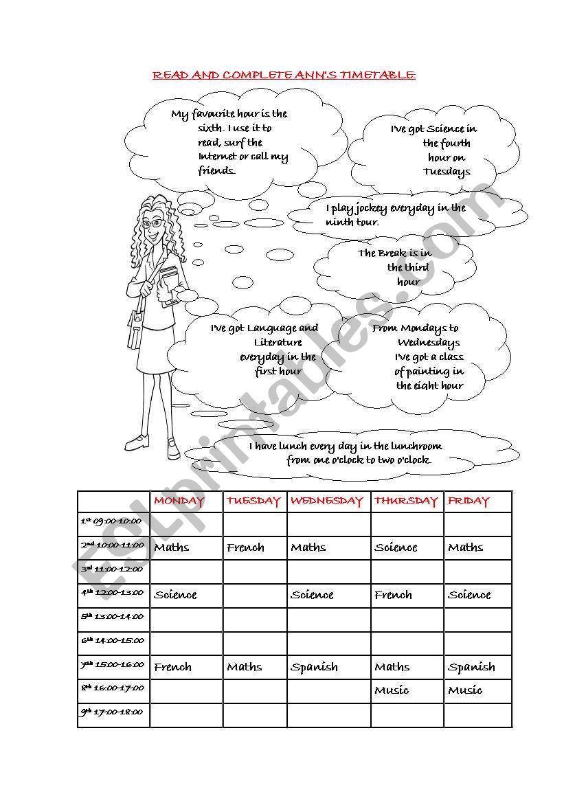 Anns timetable worksheet