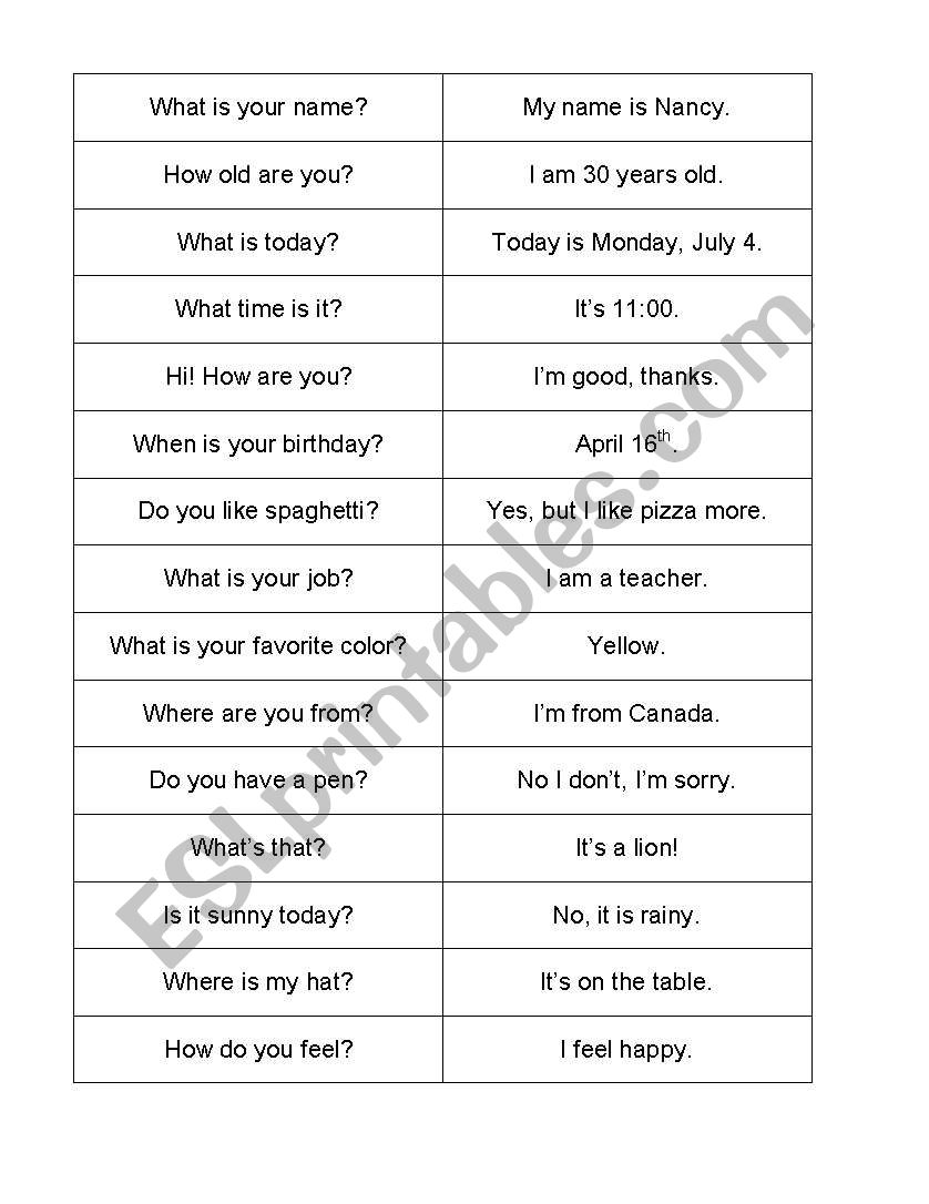 Question/Answer Game worksheet