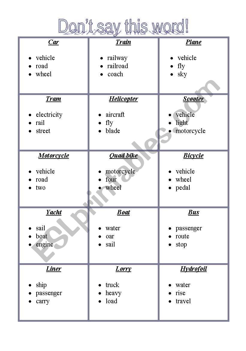 Means of transport - Taboo worksheet