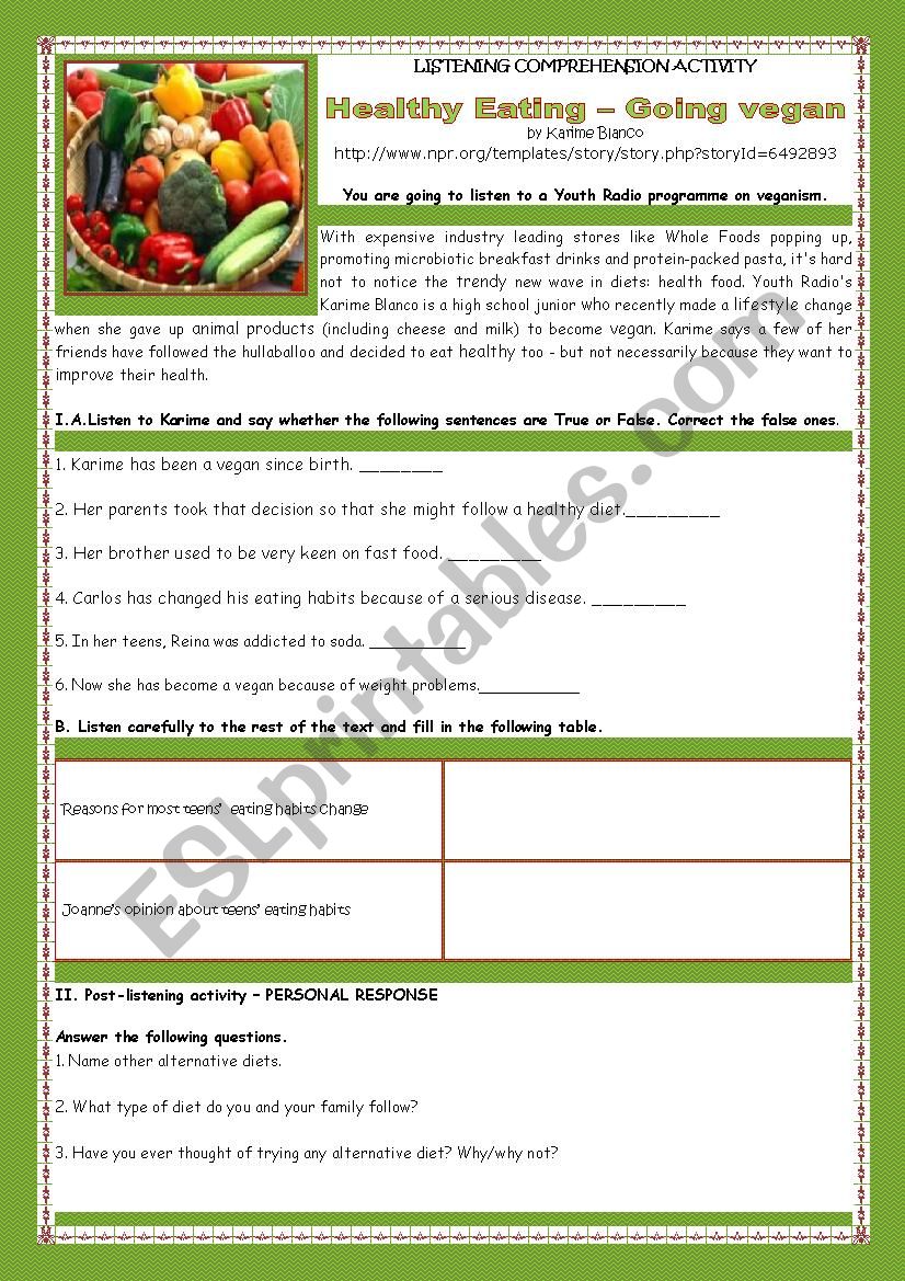 LISTENING COMPREHENSION ACTIVITY- HEALTHY EATING- GOING VEGAN