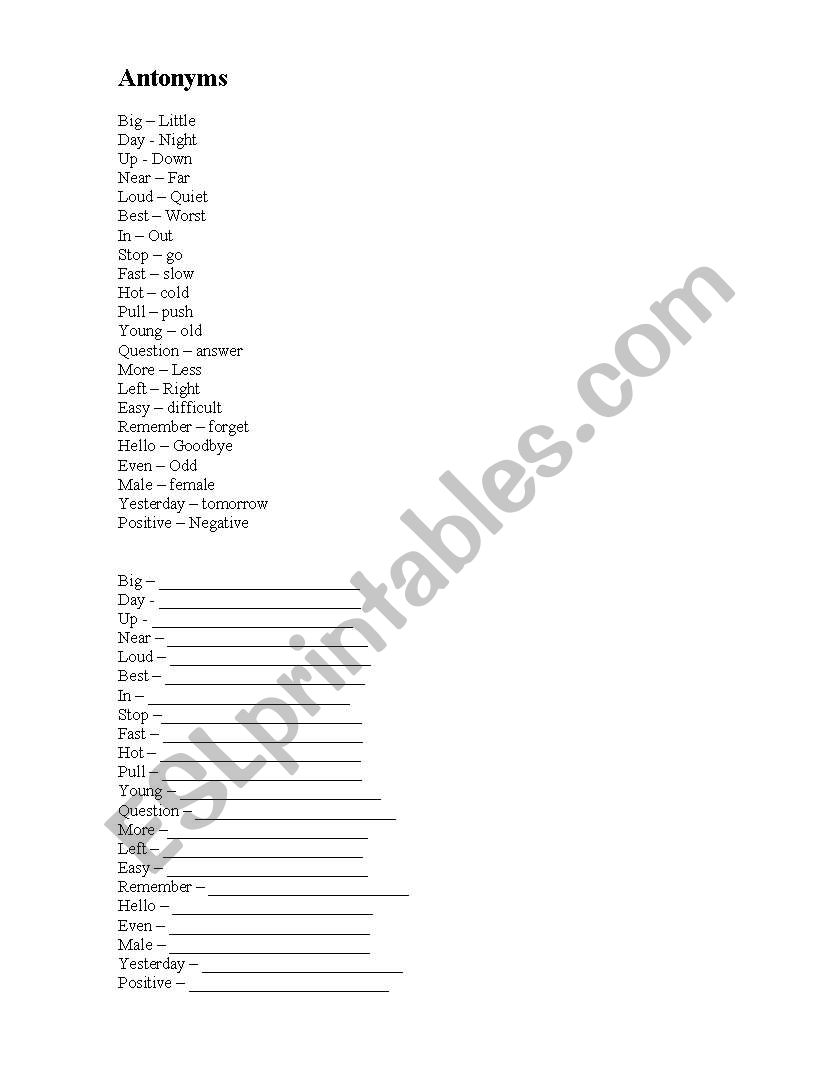 Antonym worksheet