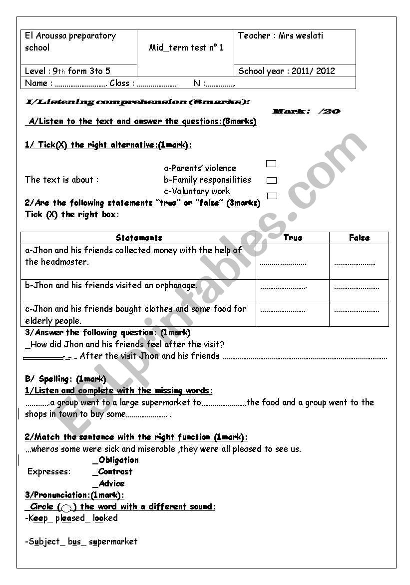 9th mid term test worksheet