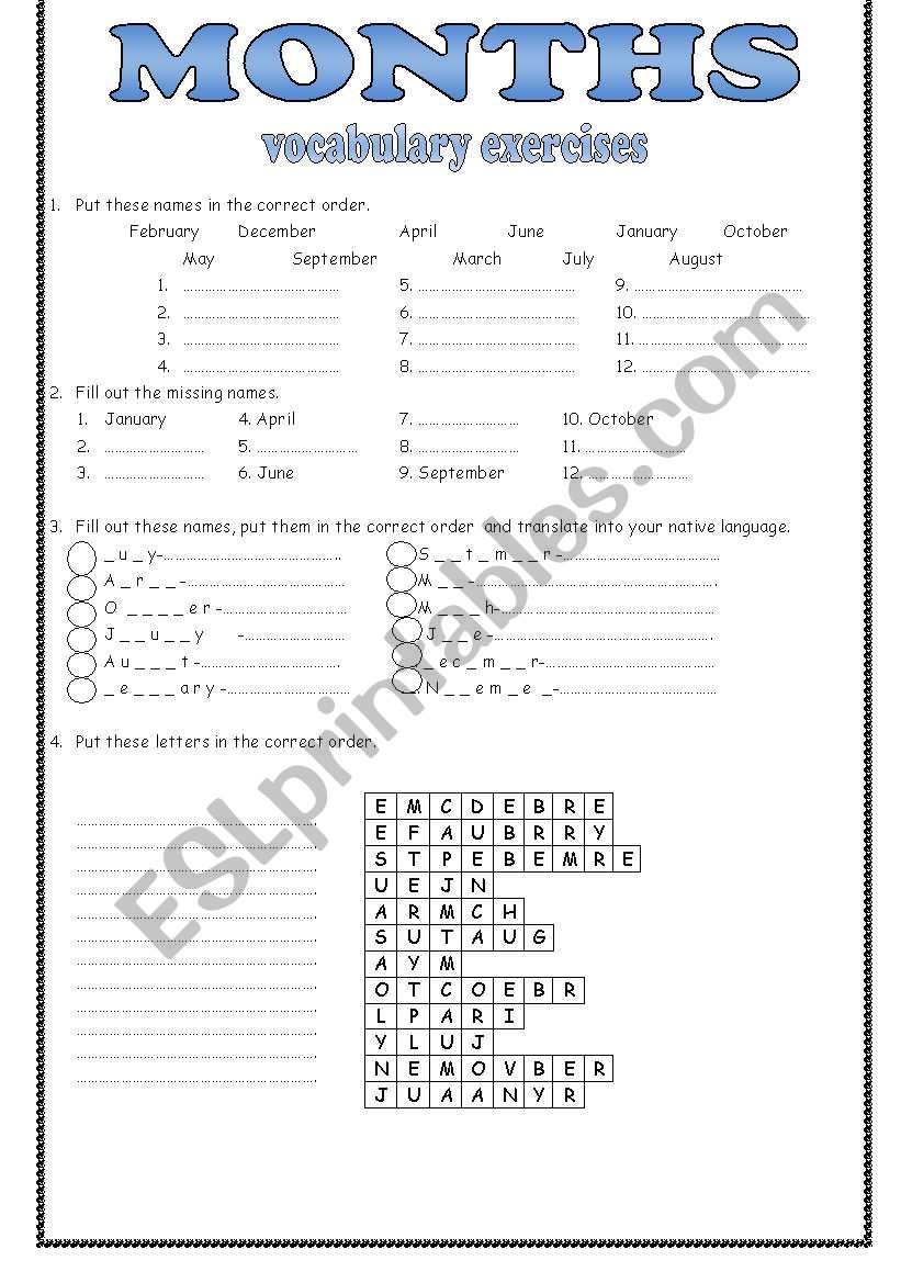 Months - vocabulary exercises worksheet