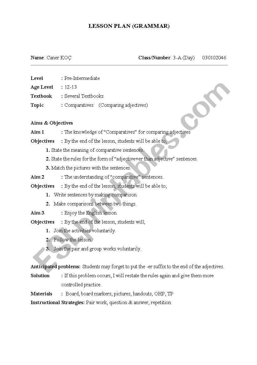 LESSON PLAN-COMPERATIVES worksheet