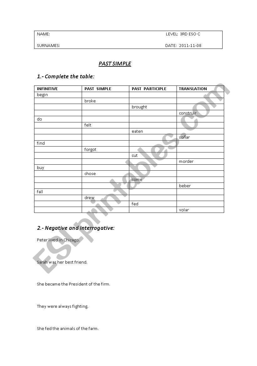 Past Test worksheet