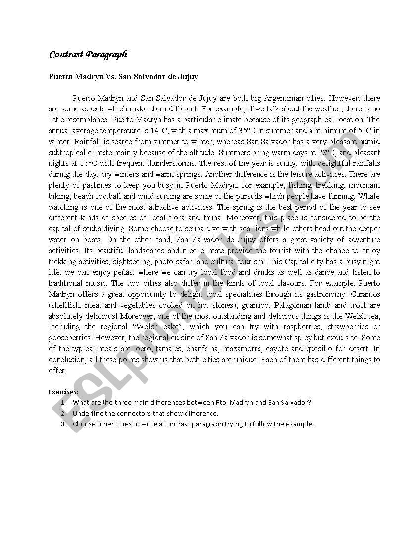 Contrast Paragraph worksheet