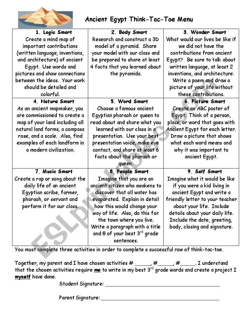 Egypt Think-Tac-Toe worksheet