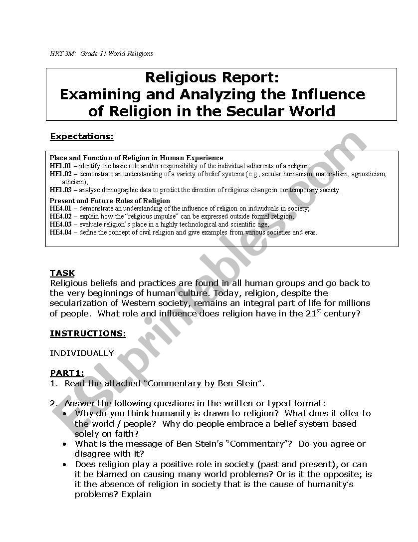 Secularism worksheet