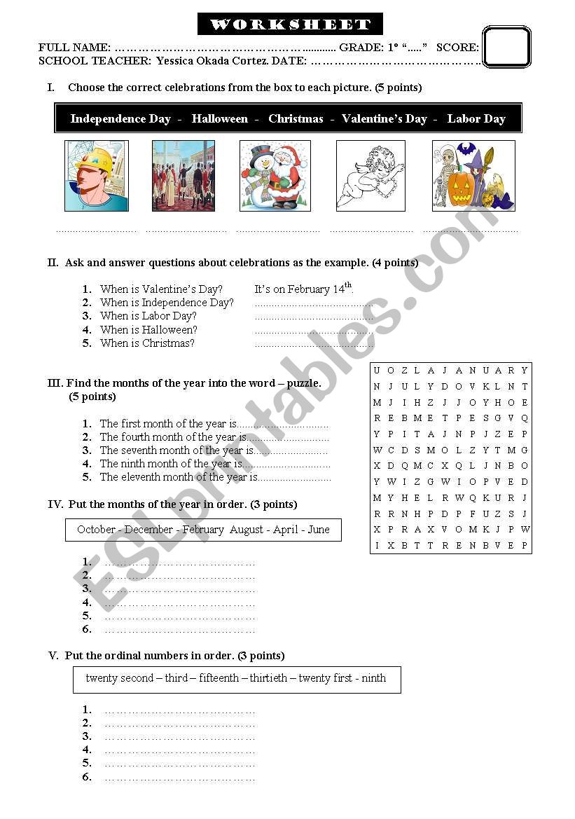 celebrations worksheet