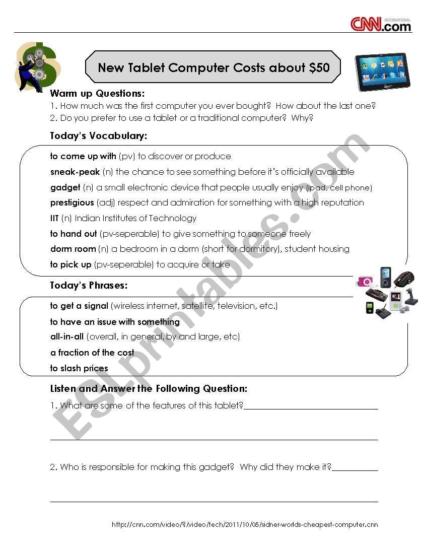 CNN News Listening and Discussion - $22 Tablet Computer - ESL Within Cnn Students News Worksheet