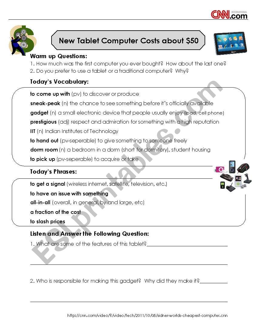 CNN News Listening and Discussion - $20 Tablet Computer - ESL For Cnn Students News Worksheet