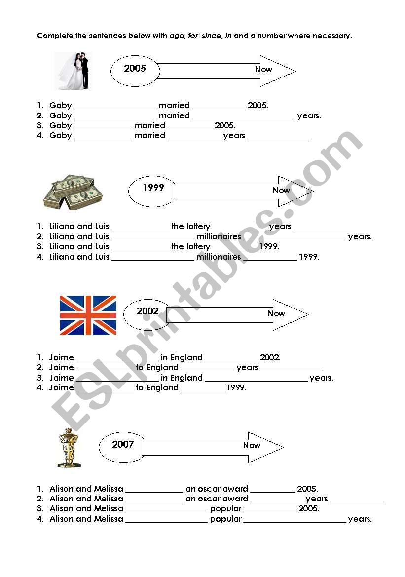 Since, for, ago. worksheet