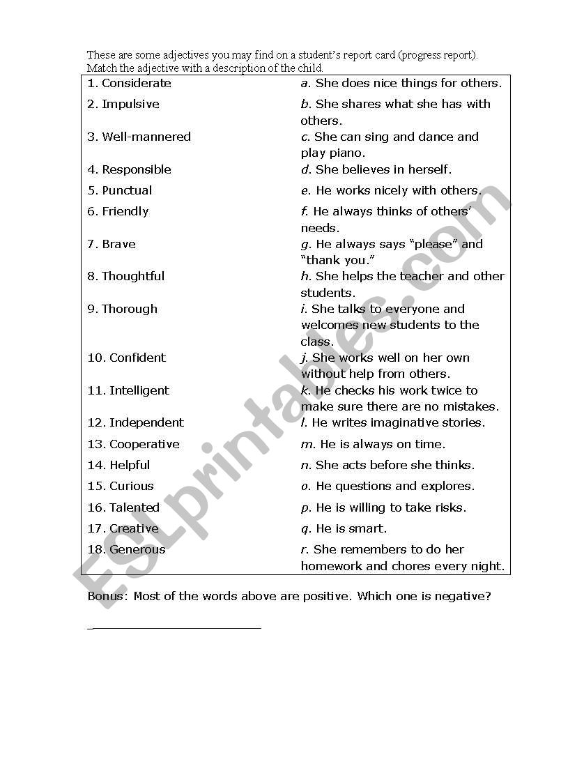 Report Card Adjectives worksheet