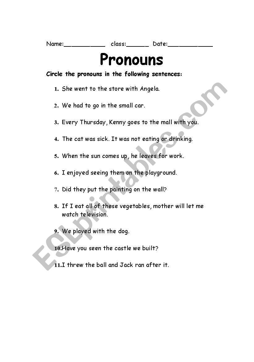 Identifying Pronouns Worksheet Elementary