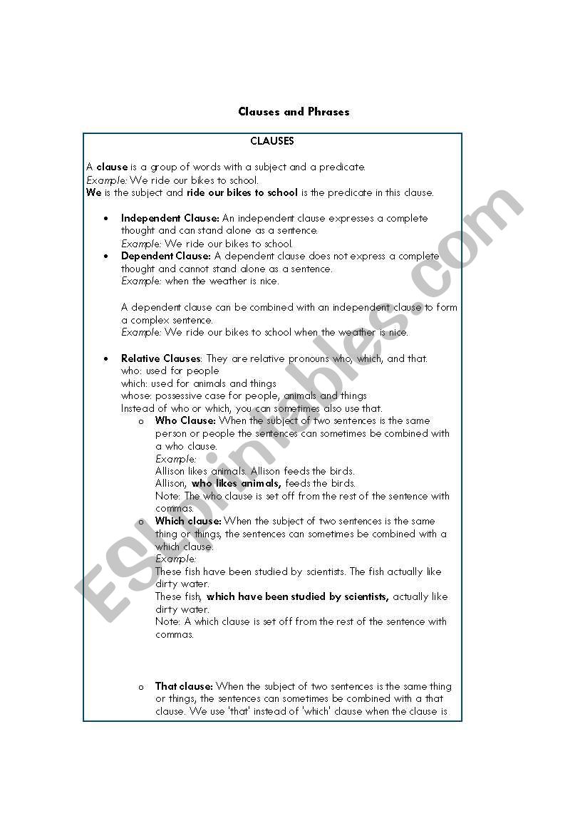 Clauses and Phrases worksheet