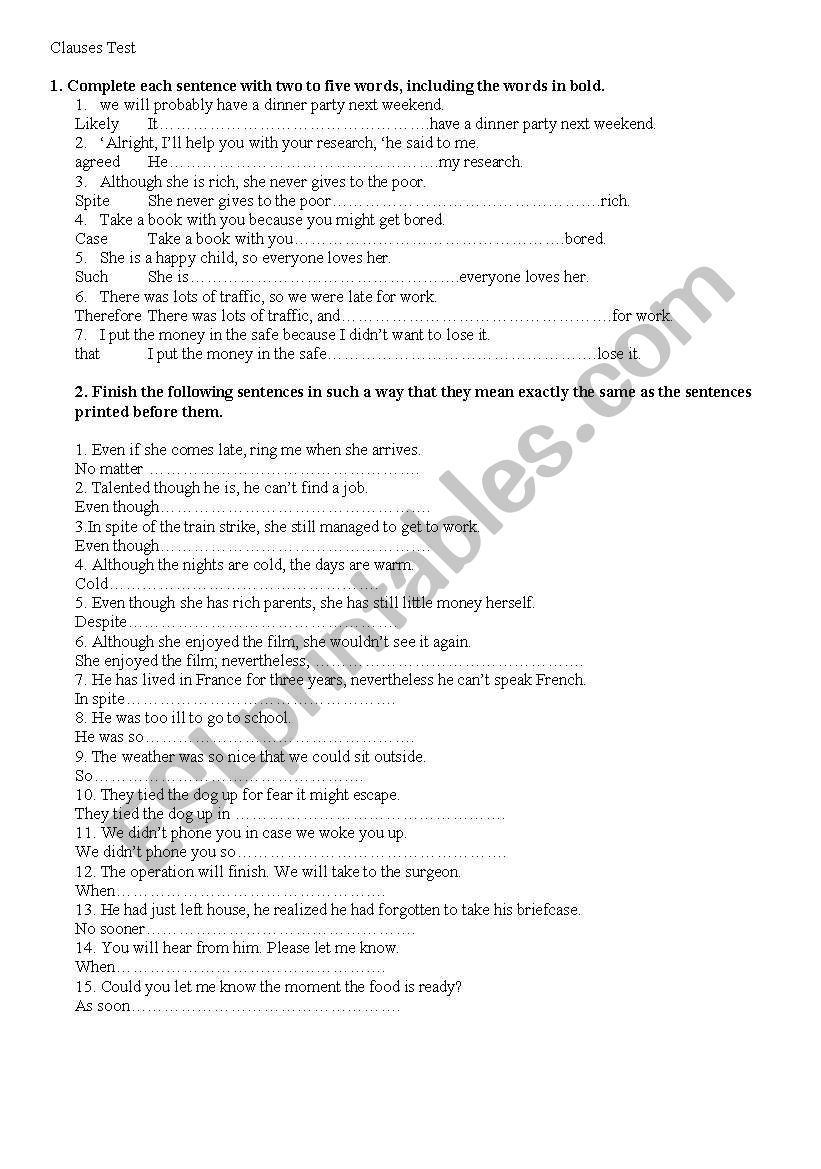 clauses test worksheet
