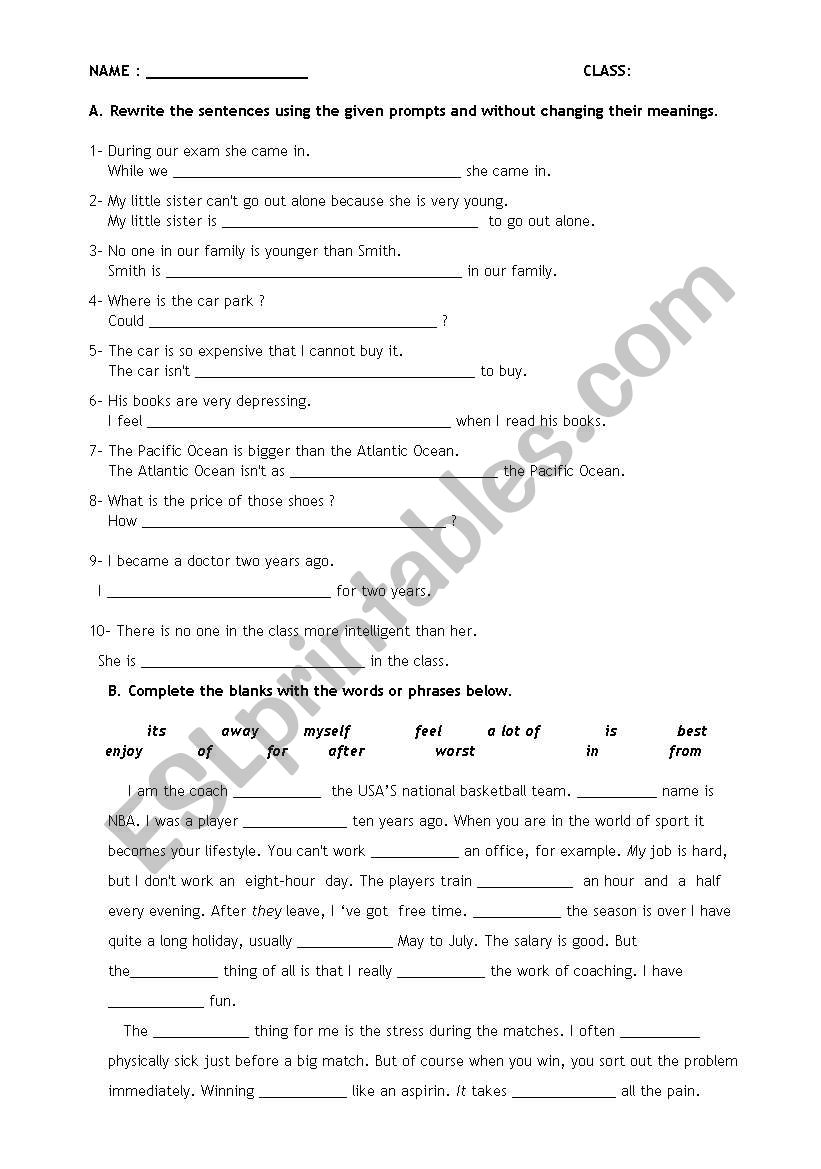 test grammar and vocabulary worksheet