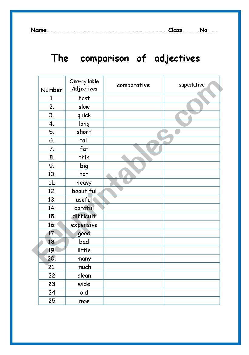 comparison of adjective worksheet