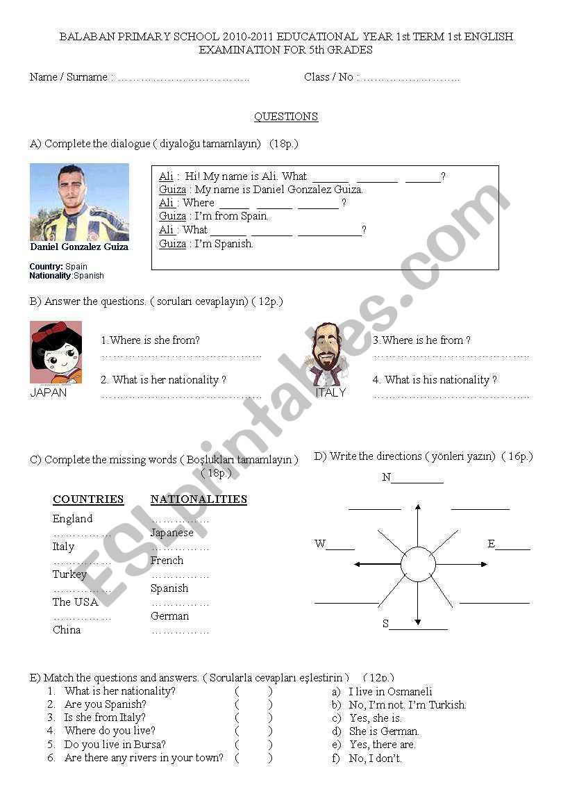 5. grade exam worksheet