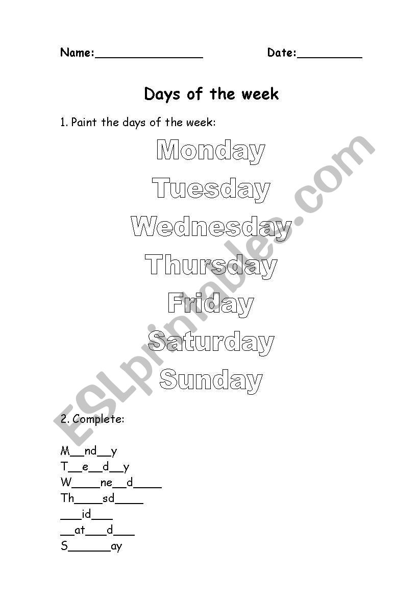 Days of the week worksheet