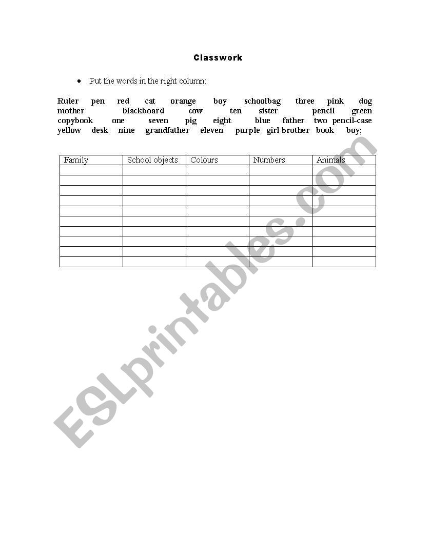 class work worksheet