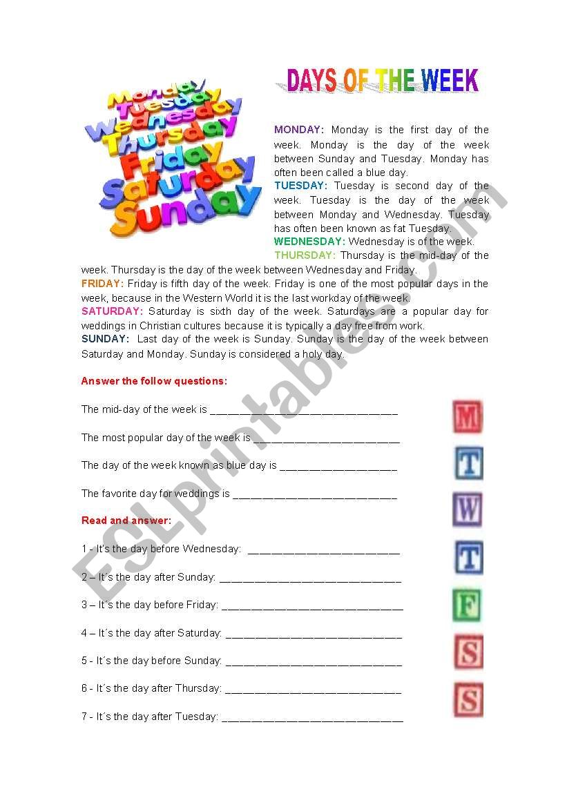 Days of the week worksheet
