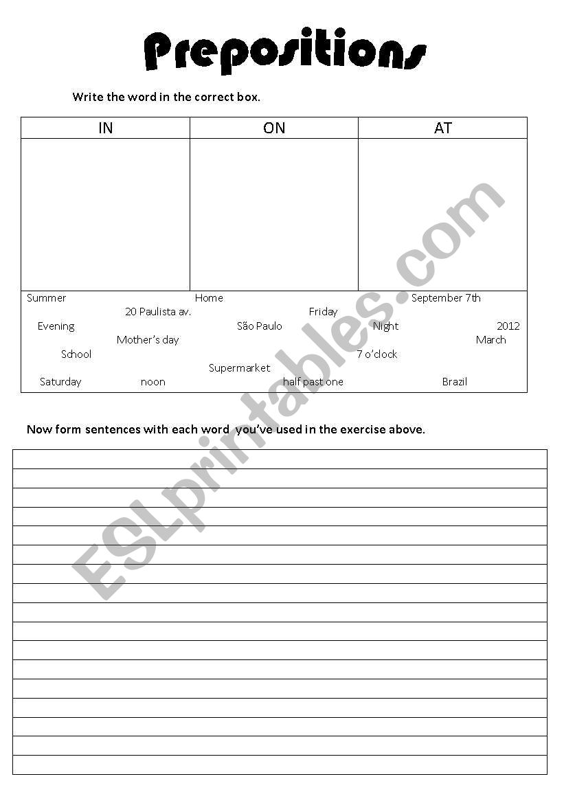 Prepositions IN ON AT worksheet