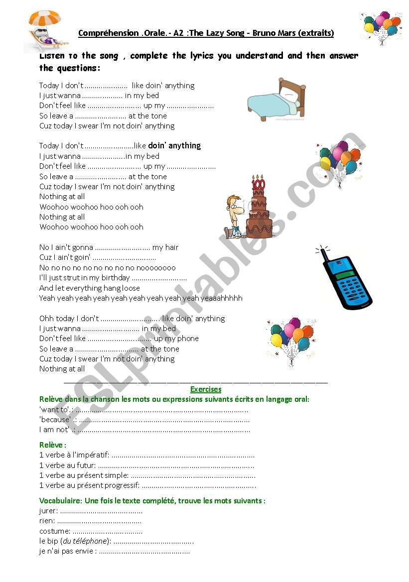 CO/EE Daily routine + GoÃ»ts A2 The Lazy song - Bruno Mars worksheet exercises
