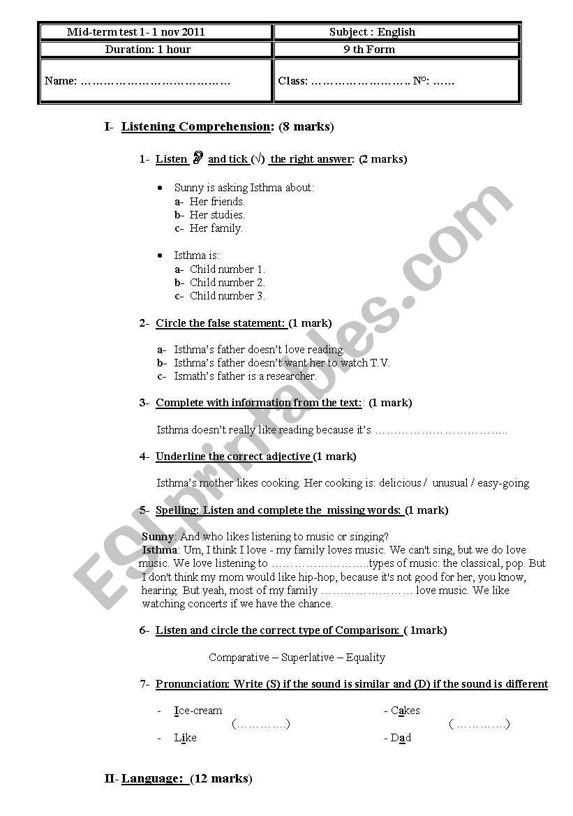 mid-term test 1  9th form Tunisian pupils (another one)