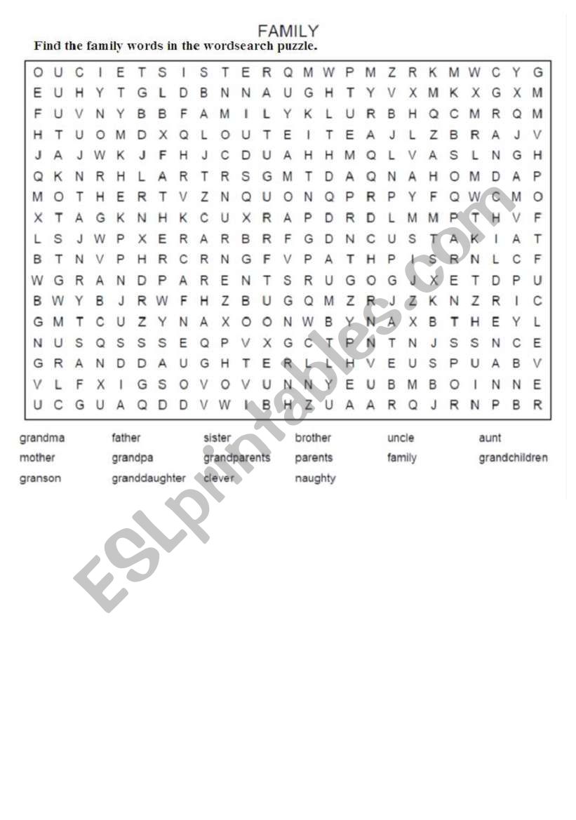 family words wordsearch puzzle