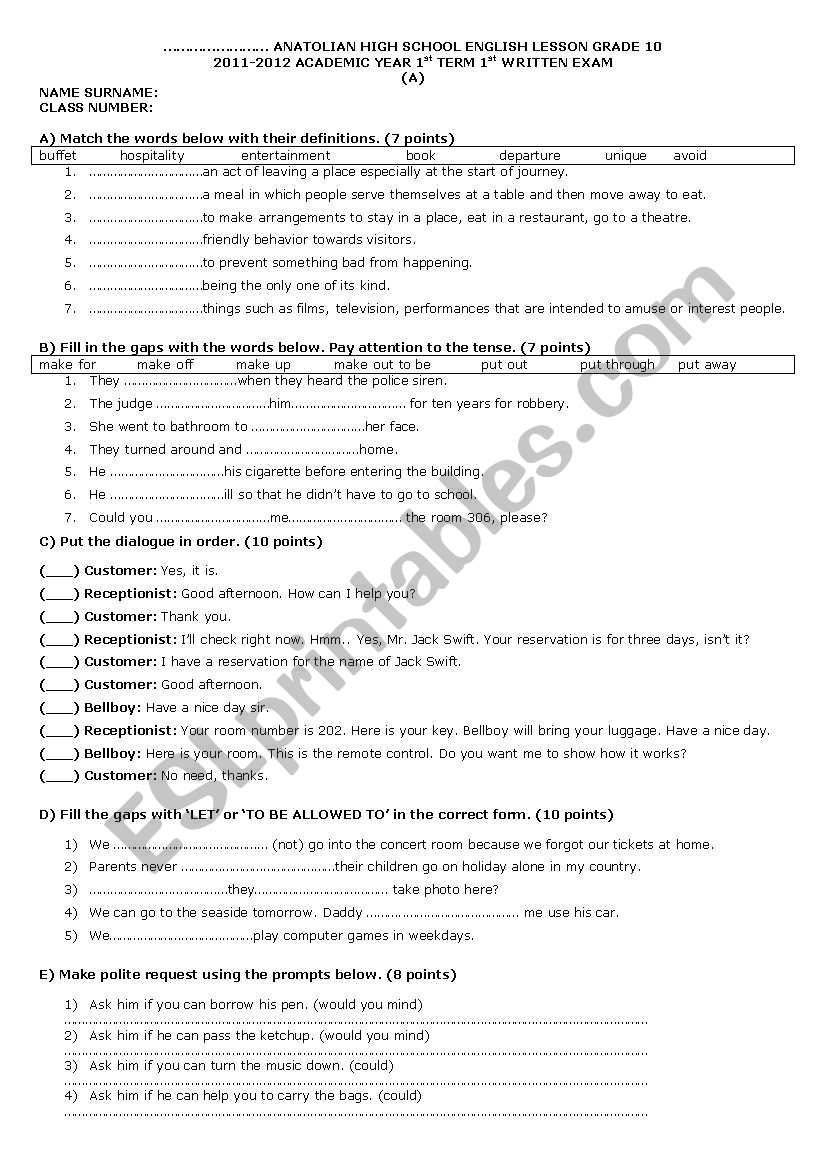 exam worksheet