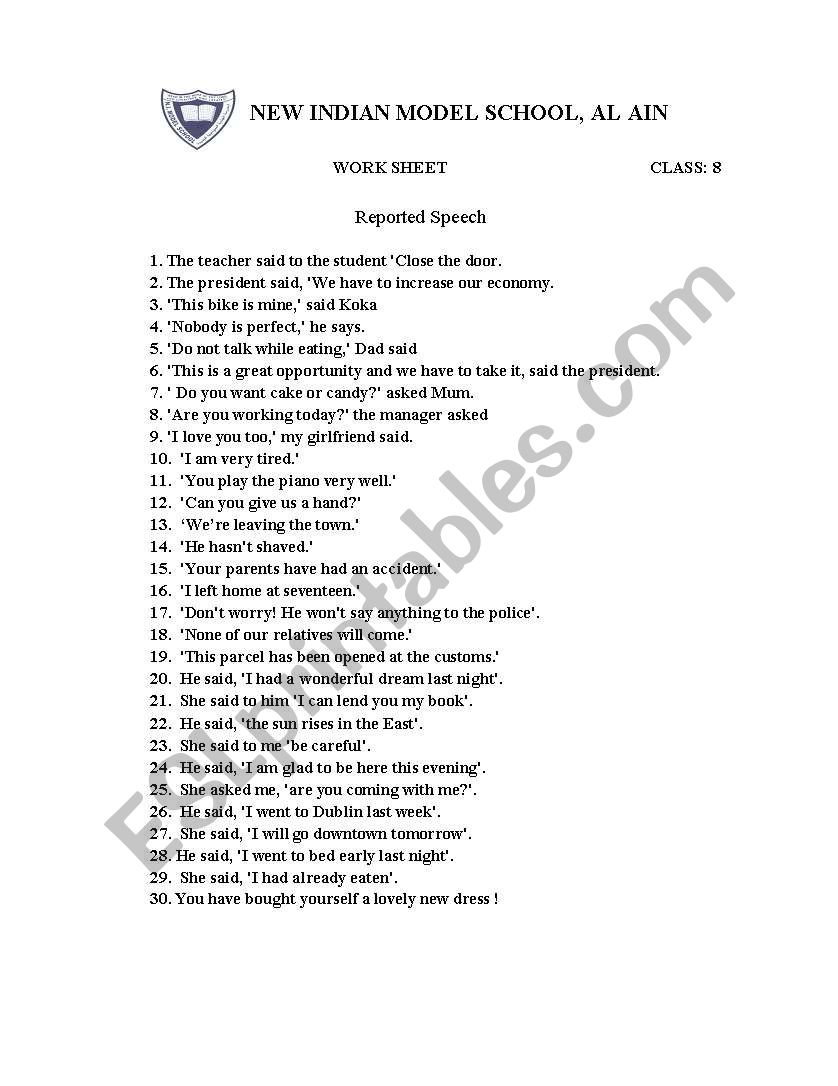 reported speech worksheet