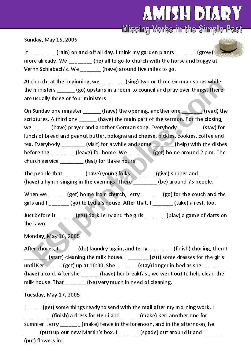 Amish Diary -fill in verbs in the past simple