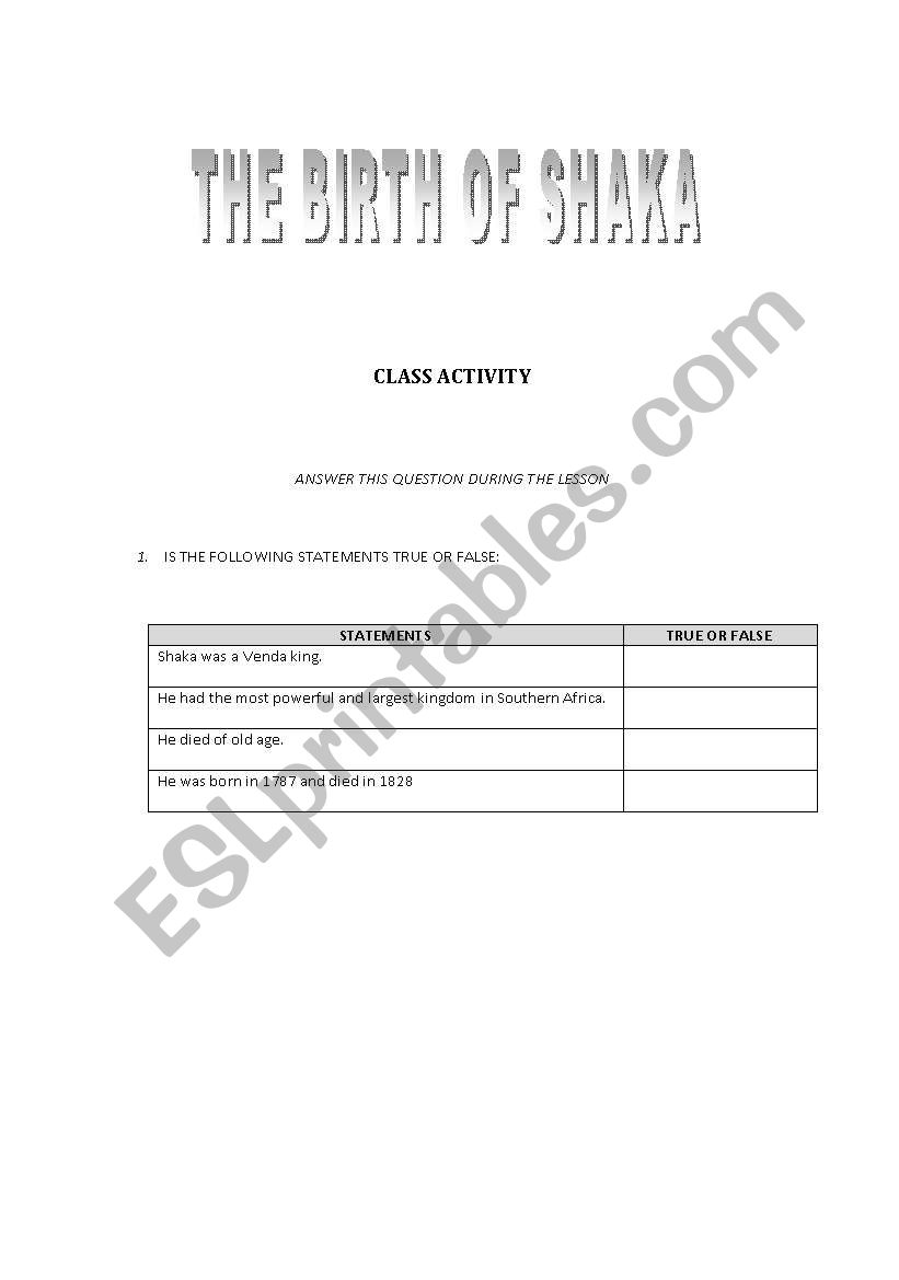 Shaka Zulu worksheet