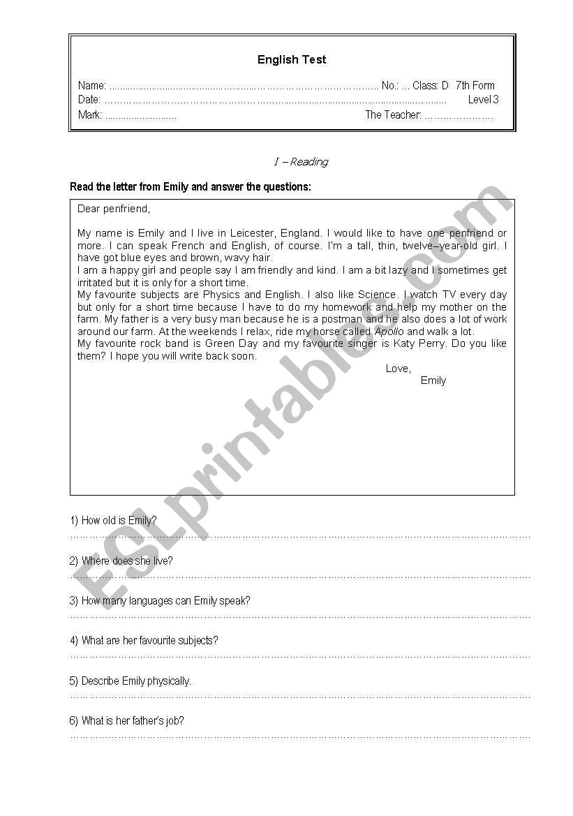 Test - Penfriend worksheet