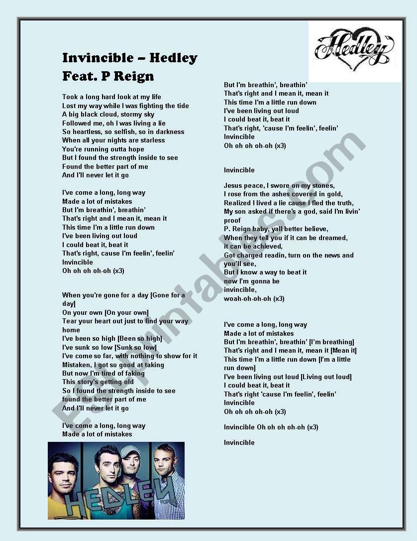 Song lyrics - Invincible by Hedley