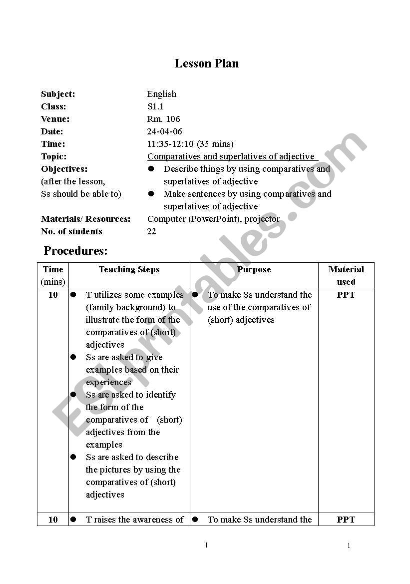 Comparative and Superlative Adjectives lesson plan