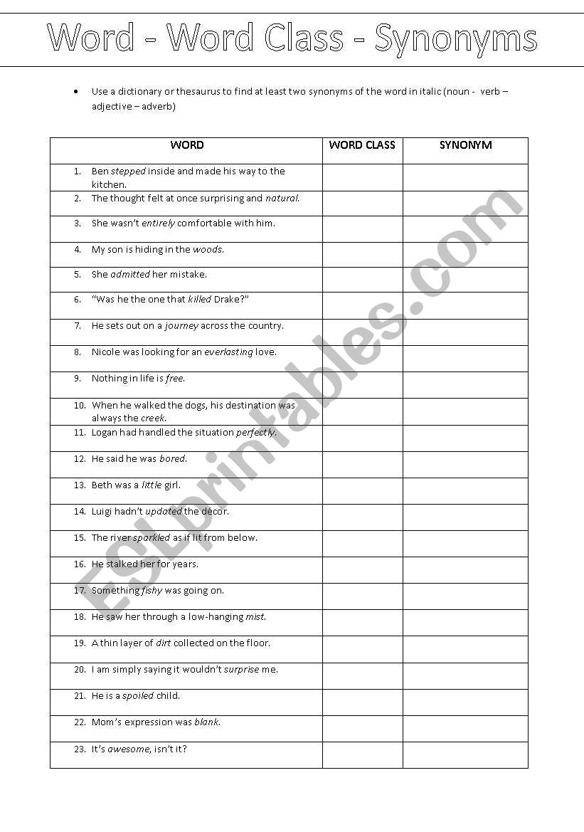 Word-Word Class-Synonyms (Key included)