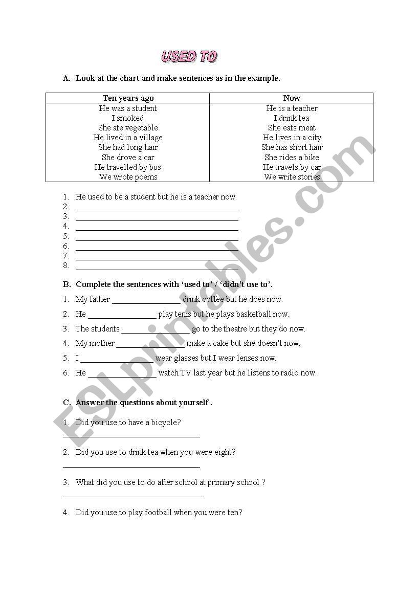 USED TO / DIDN´T USE TO/ DID... USE TO... ESL worksheet by 83_87