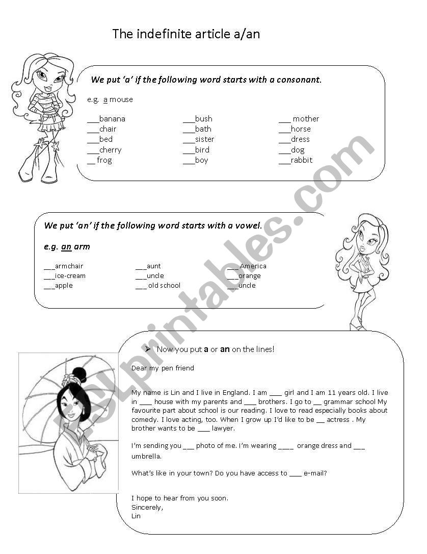 The indefinite article A/AN worksheet